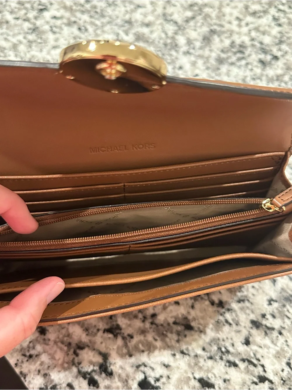 Michael Kors Tan Brown Leather Continental Wallet with Gold MK Emblem